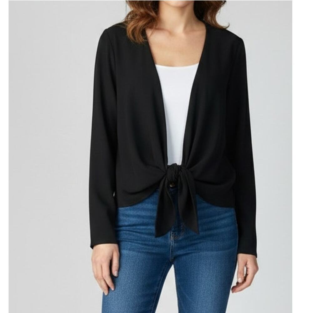 Kardashian Kollection Small Black Tie Waist Open Front Cardigan Polyester